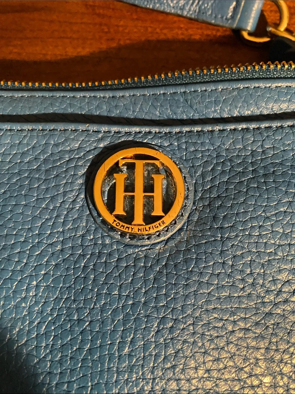 Tommy Hilfiger Blue Pebbled Leather Crossbody with Gold Accent